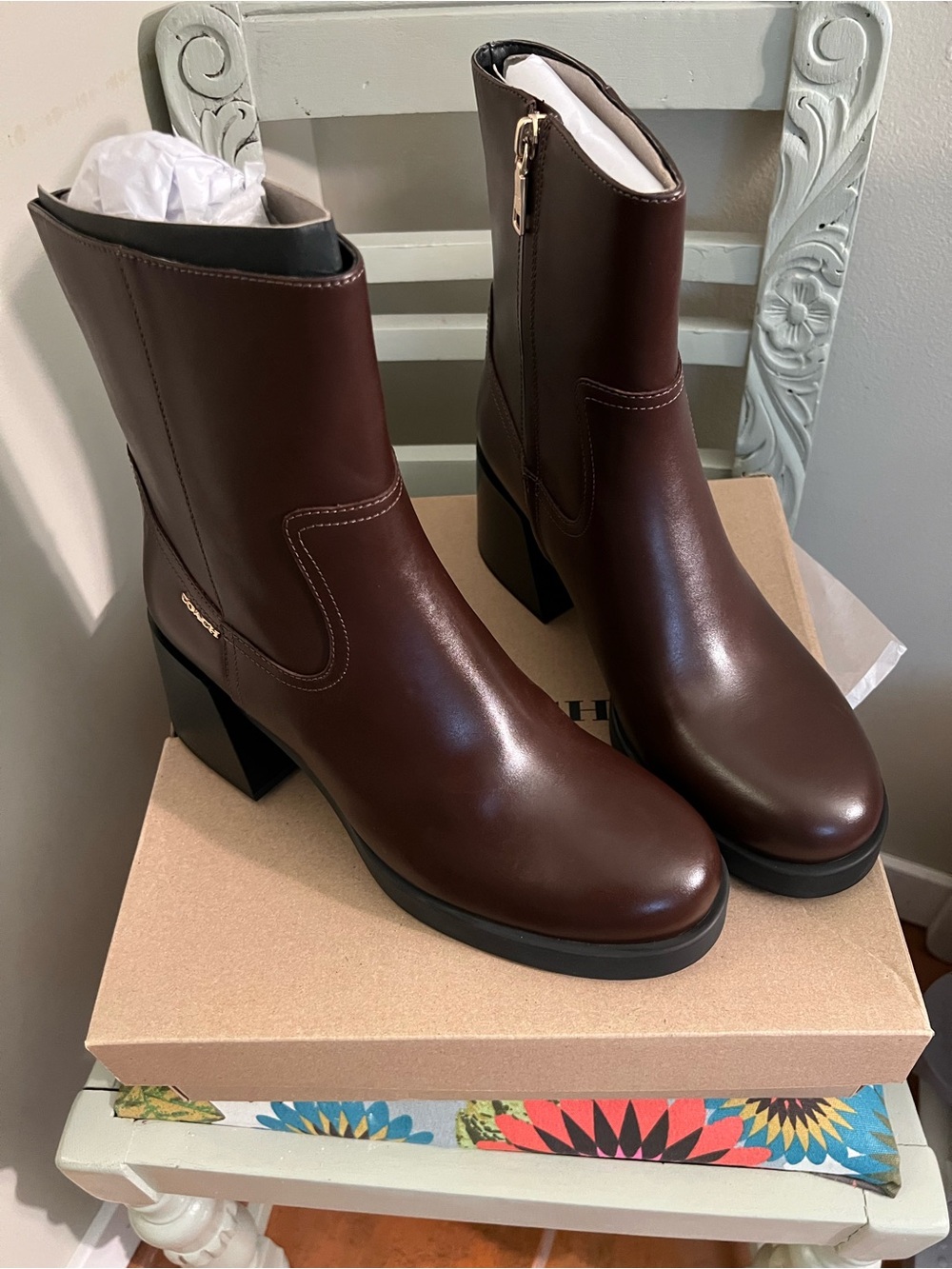 Coach Leather Block Heel Boots Maple Color.